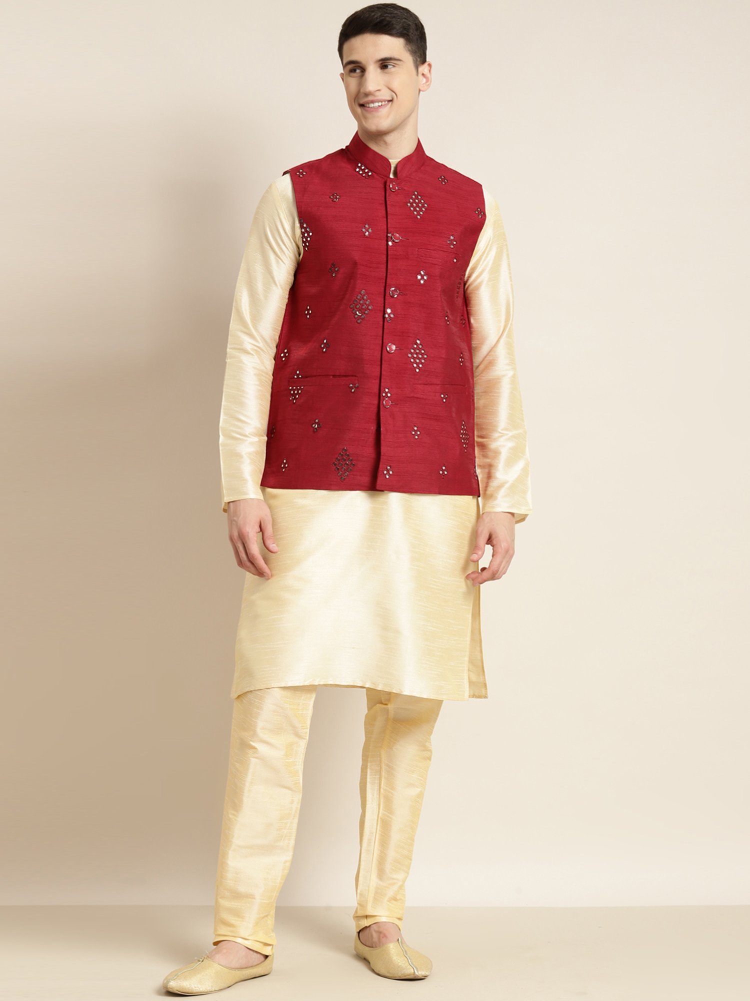 Sojanya Red Regular Fit Self Pattern Nehru Jacket
