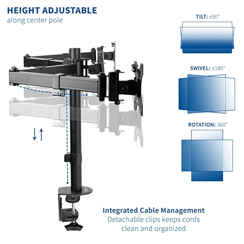 Black Triple Monitor Adjustable Desk Mount Articulating Tri Stand Holds 3 Screens up to 24 inches STANDV003Y