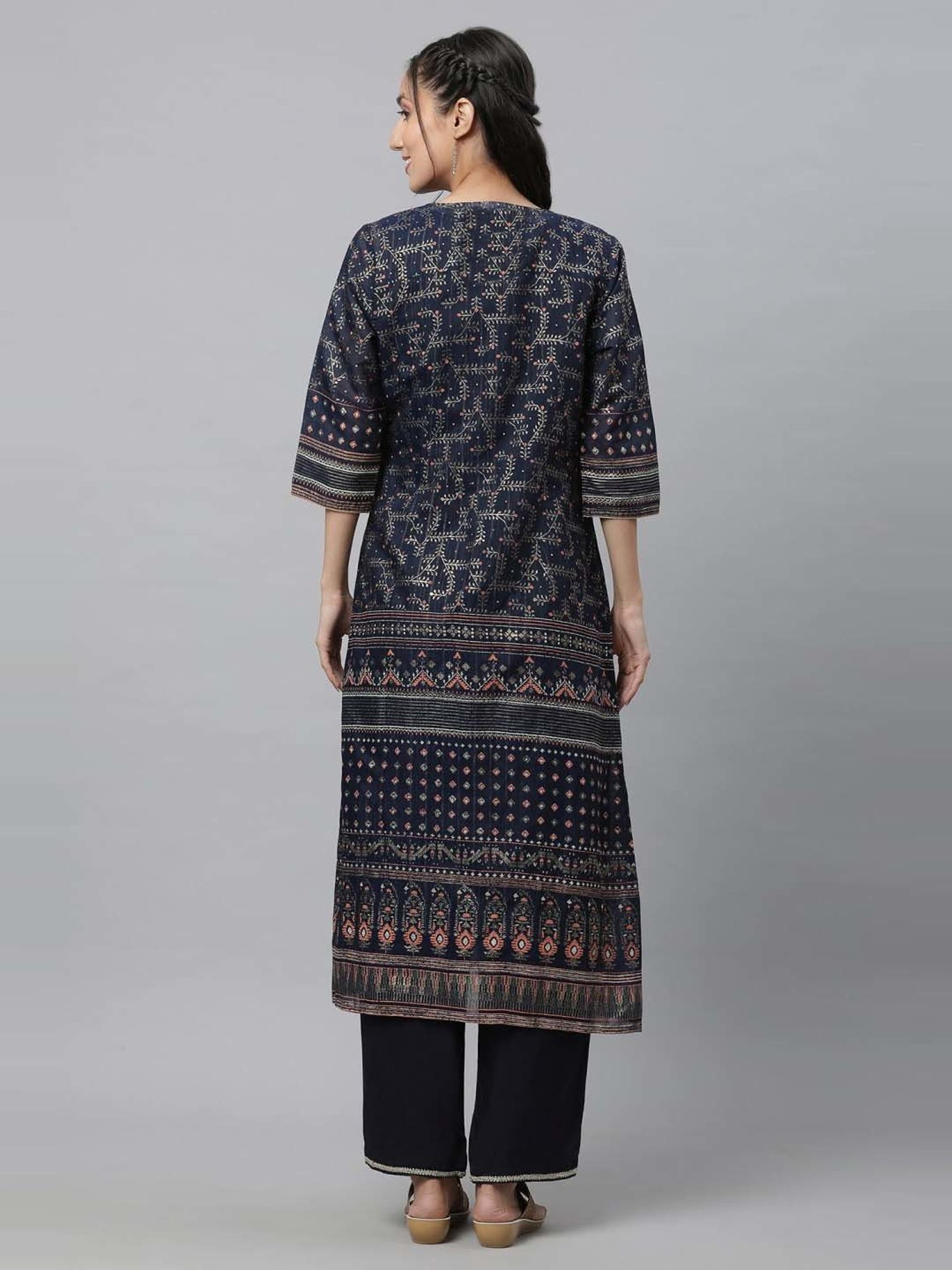 Aurelia Blue Linen Printed Kurta Pant Set With Jacket