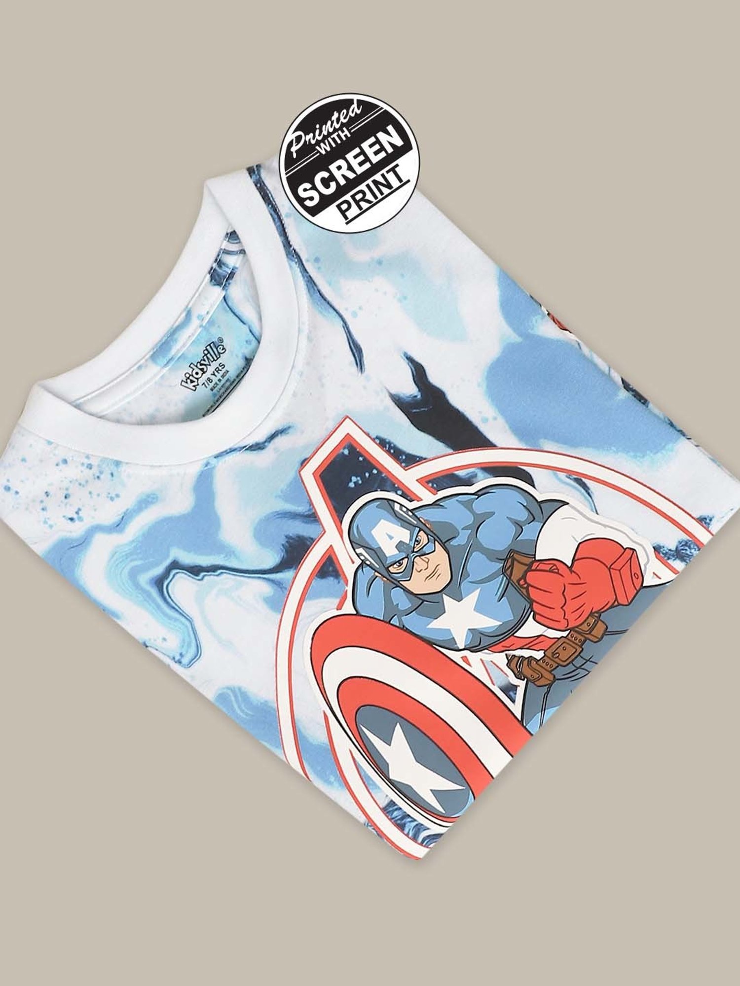 Kidsville Blue & Red Cotton Printed Captain America T-Shirt