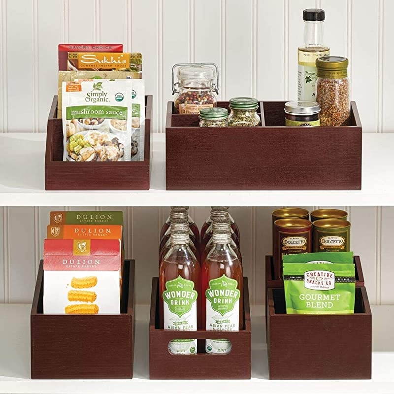 Bamboo Wood Compact Food Storage Bin with Handle for Kitchen Cabinet, Pantry, Shelf to Organize Seasoning Packets, Powder Mixes, Spices, Packaged Snacks - 2 Pack - Espresso Brown