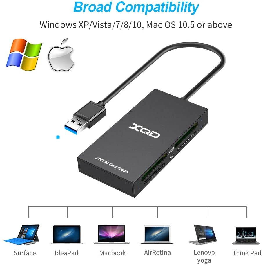 Rocketek USB 3.0 XQD SD Card Reader, XQD Card Reader 4 in 1 Memory Card Reader 5Gbps High Speed Read & Write Sony G/M Series, Lexar 2933x/1400x USB Mark XQD Card, SD/SDHC/SDXC Card for Windows/Mac OS