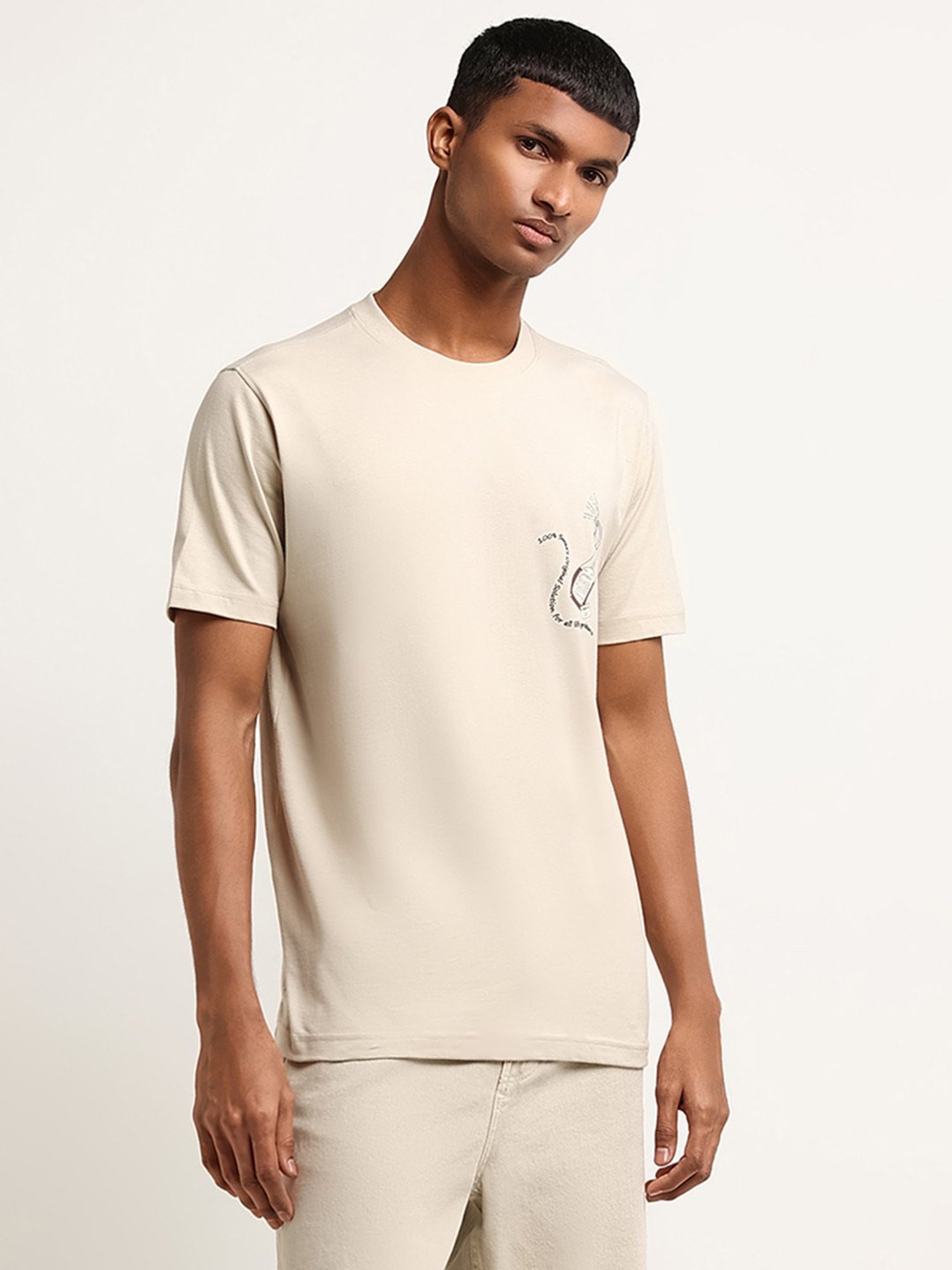 Nuon by Westside Beige Slim-Fit Contrast Print Cotton T-Shirt