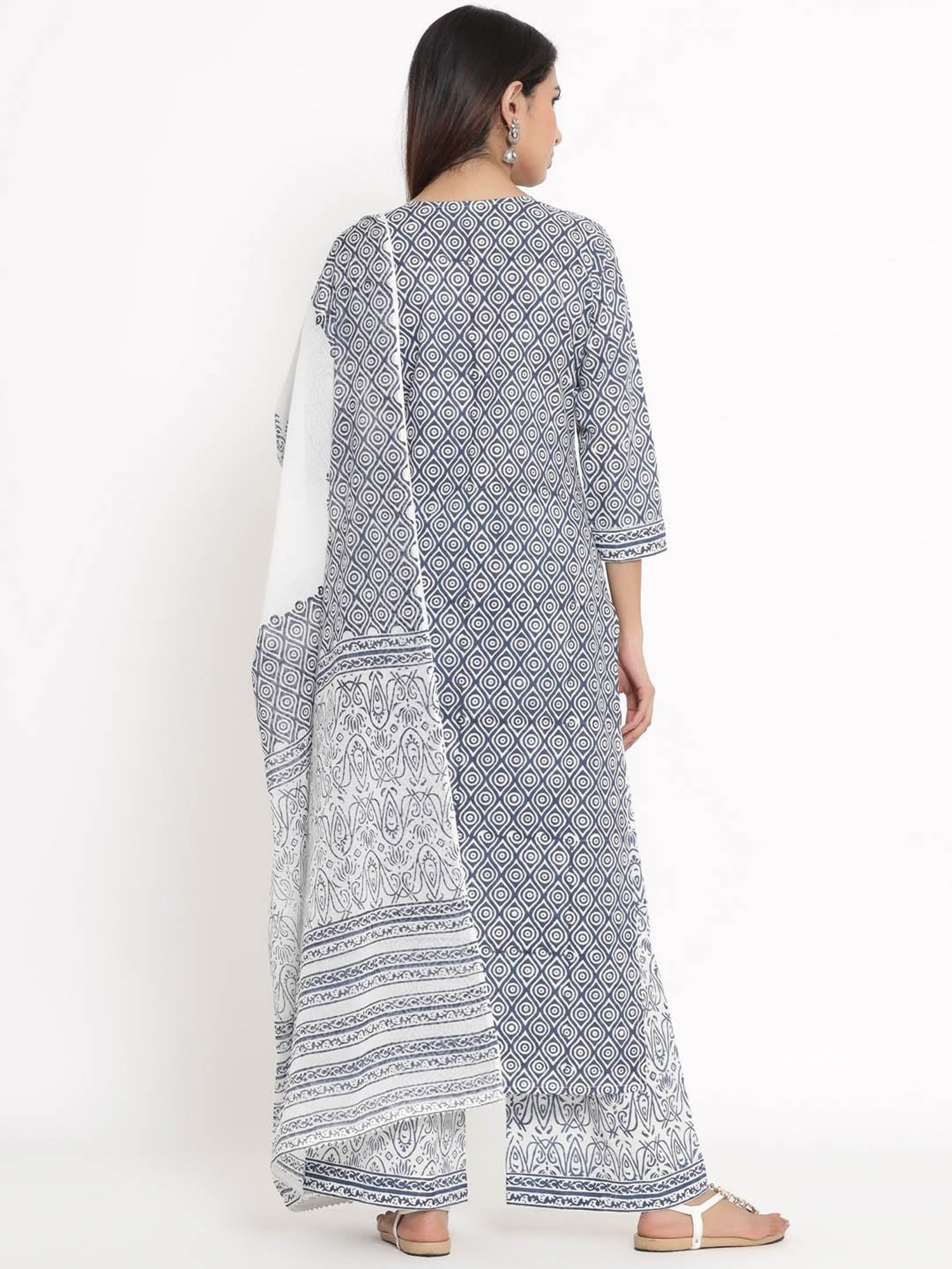Kipek Blue Cotton Printed Kurta With Palazzo & Dupatta