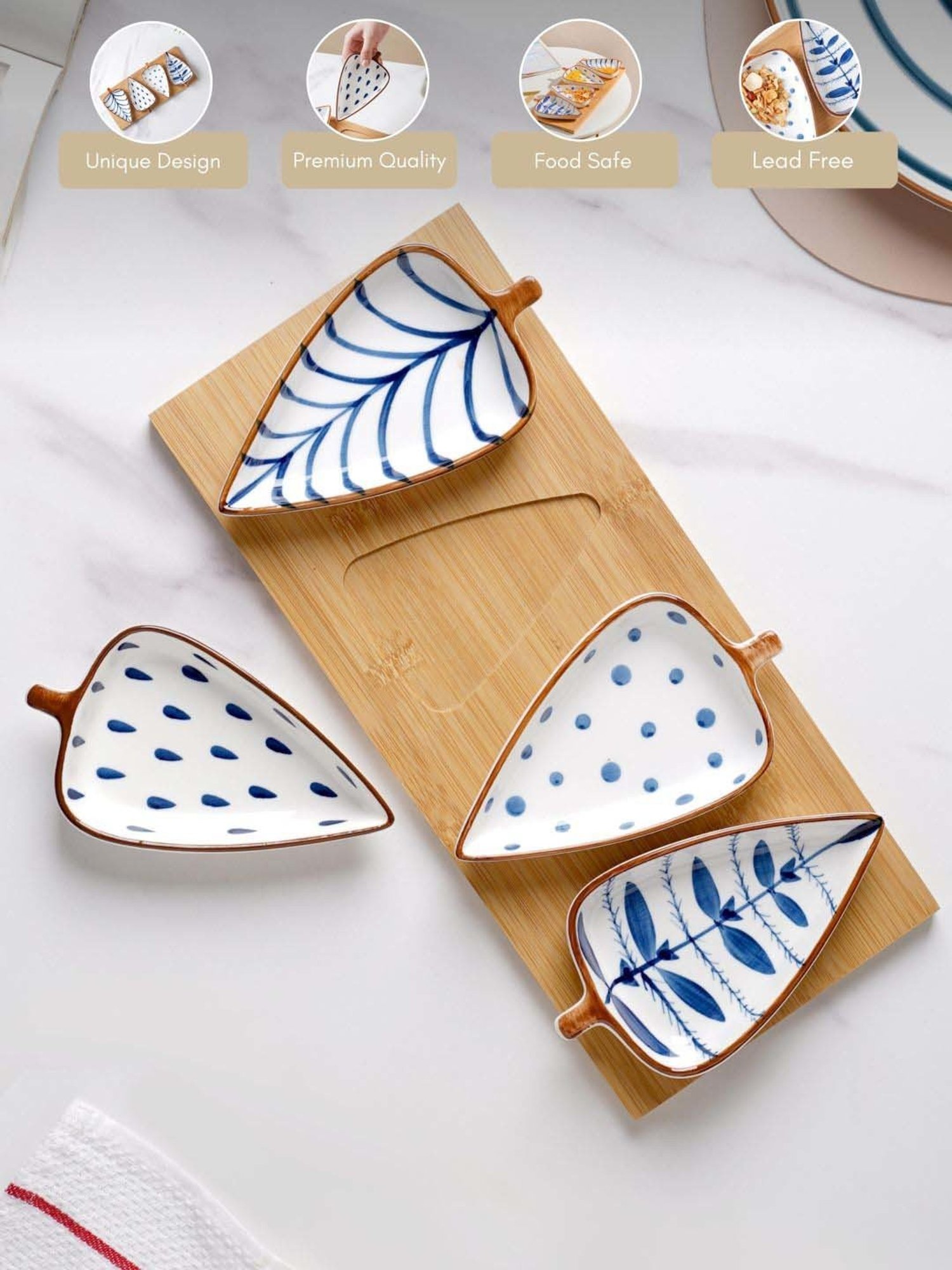 Nestasia Leaf-Shaped Ceramic Blue & White Glossy Serving Platter with tray(Set of 1 Tray & 4 Plates)