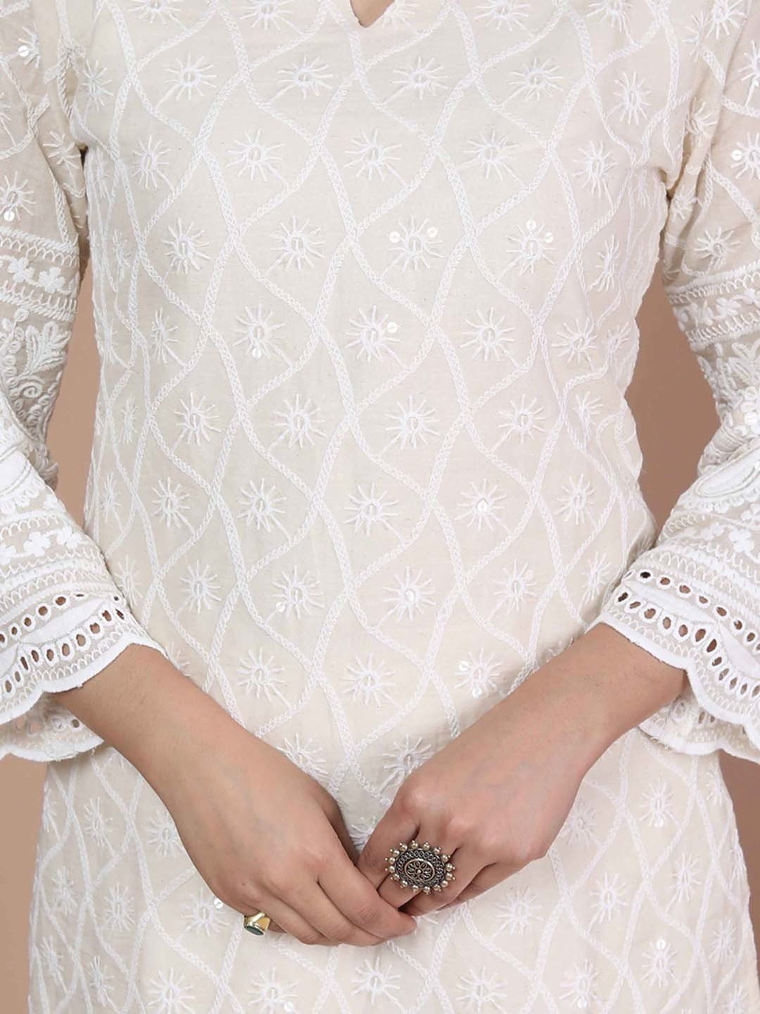 Miravan Beige Embroidered Kurta Pant Set