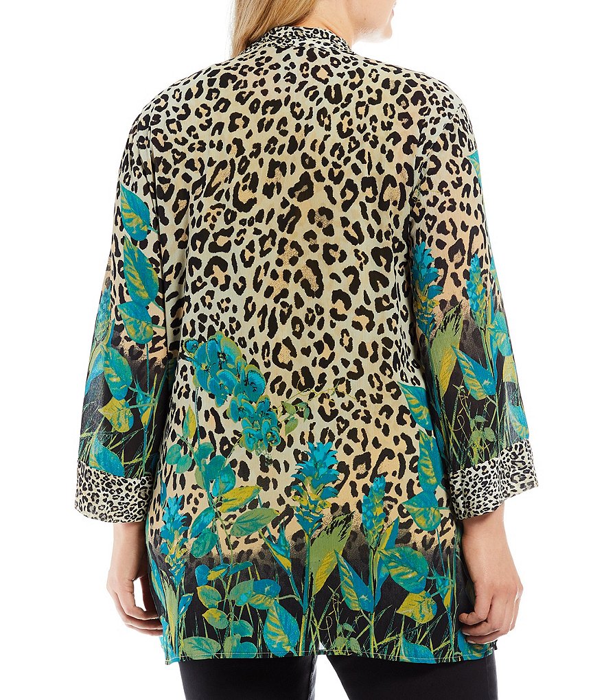 Multiples Plus size Cheetah-Leaves Print Shawl Collar 3/4 Sleeve Open-Front Kimono Jacket