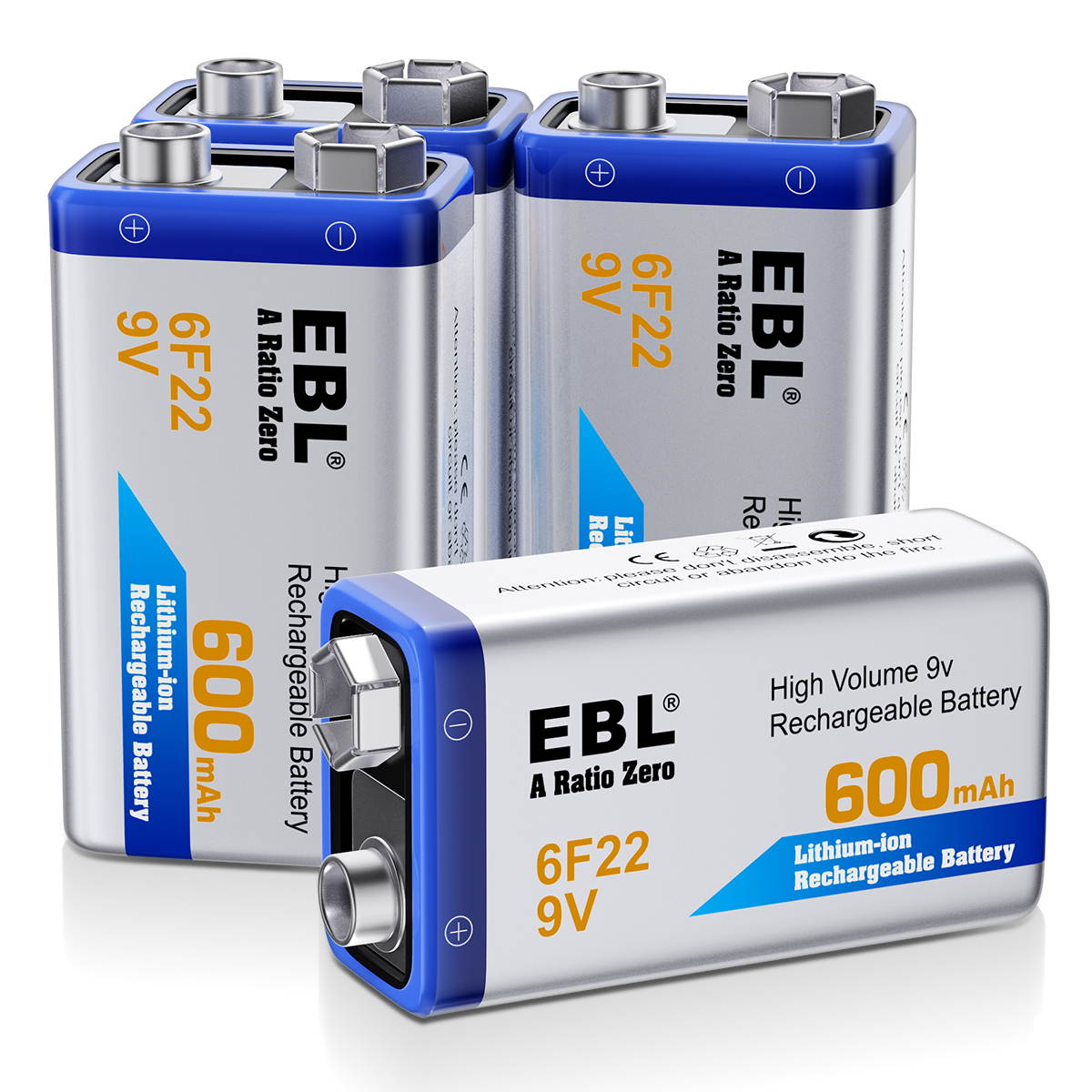 EBL 4 Pack 6F22 600mAh 9V Rechargeable Batteries+ Battery Charger for Li-ion NI-MH NI-CD Replacement Battery