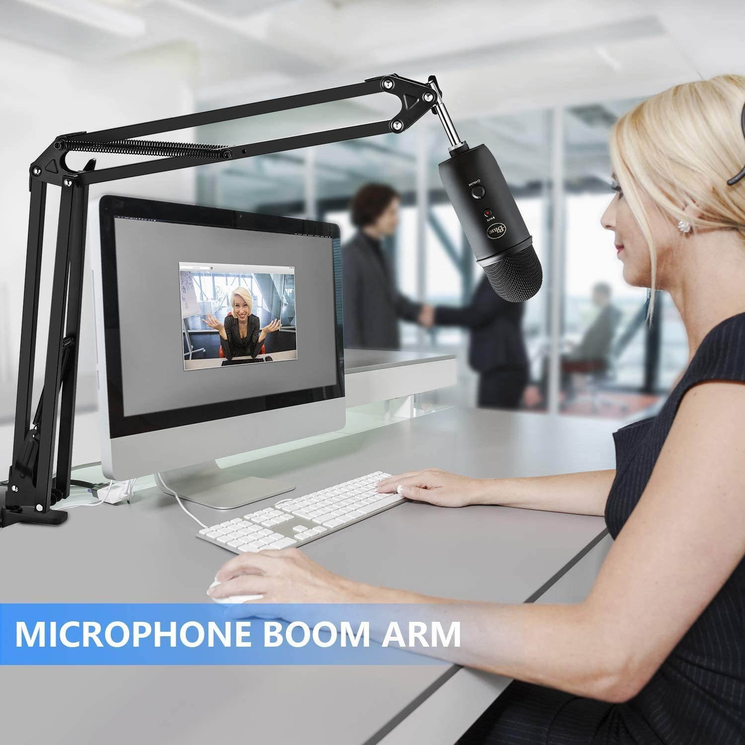 Microphone Arm Stand,Adjustable Suspension Boom Scissor Mic Stand with Filter, 3/8" to 5/8" Adapter, Mic Clip