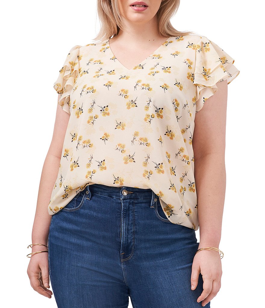 1. STATE Plus Size Isabelle Floral V-Neck Flutter Short Sleeve Blouse