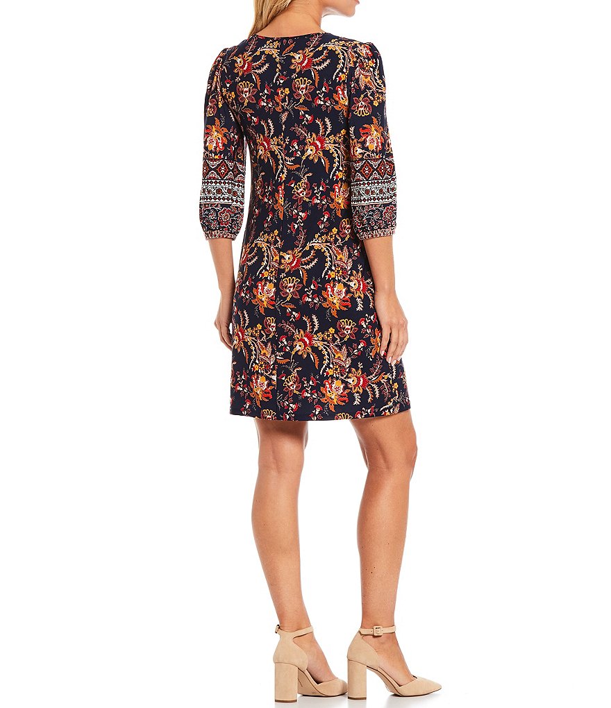 Jessica Howard 3/4 Sleeve Tie V-Neck Trapeze Jersey Knit Dress