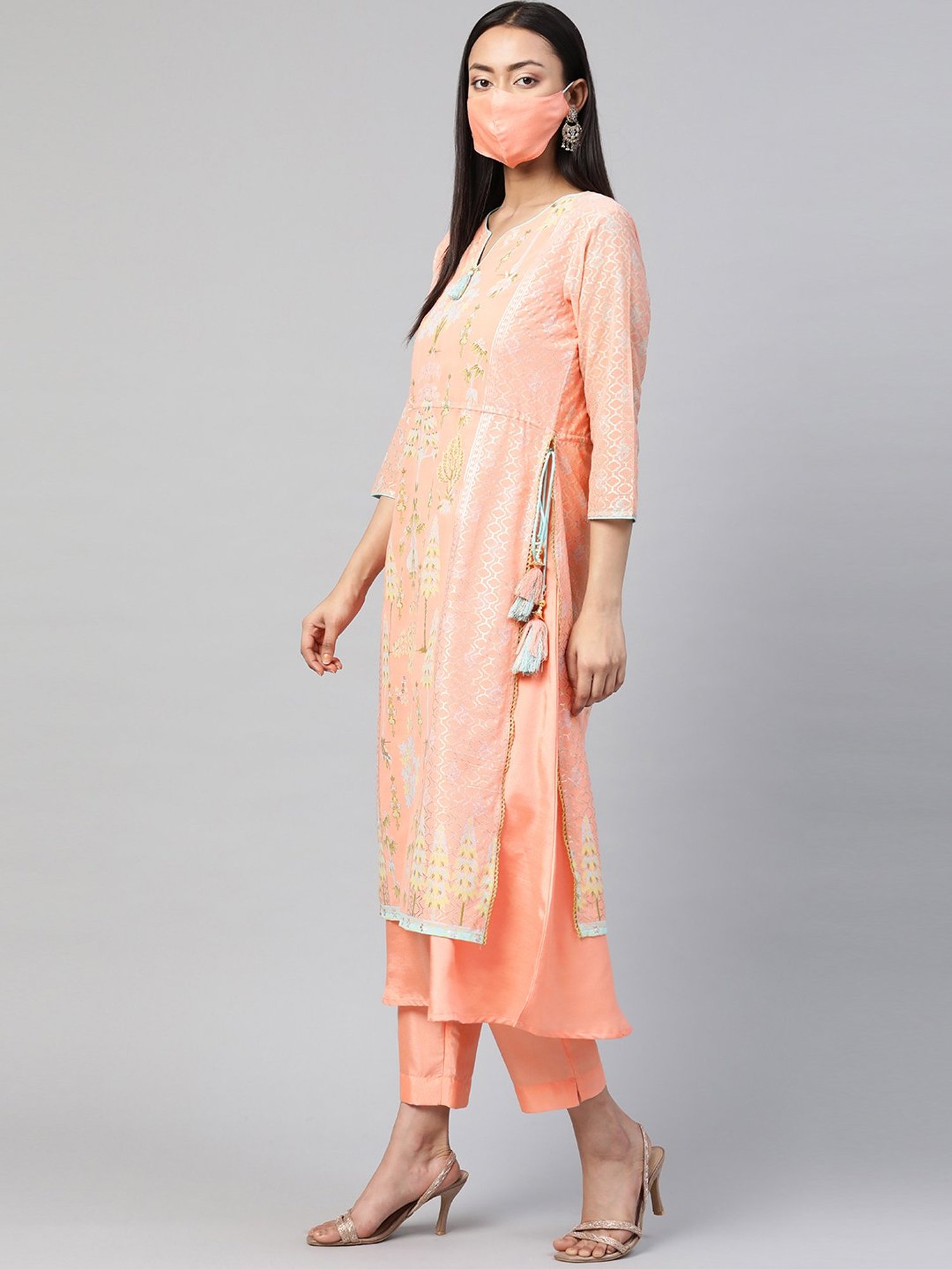 Juniper Orange Ethnic Motif Printed Georgette Kurta Pants & Dupatta Set With Tassels & Lace