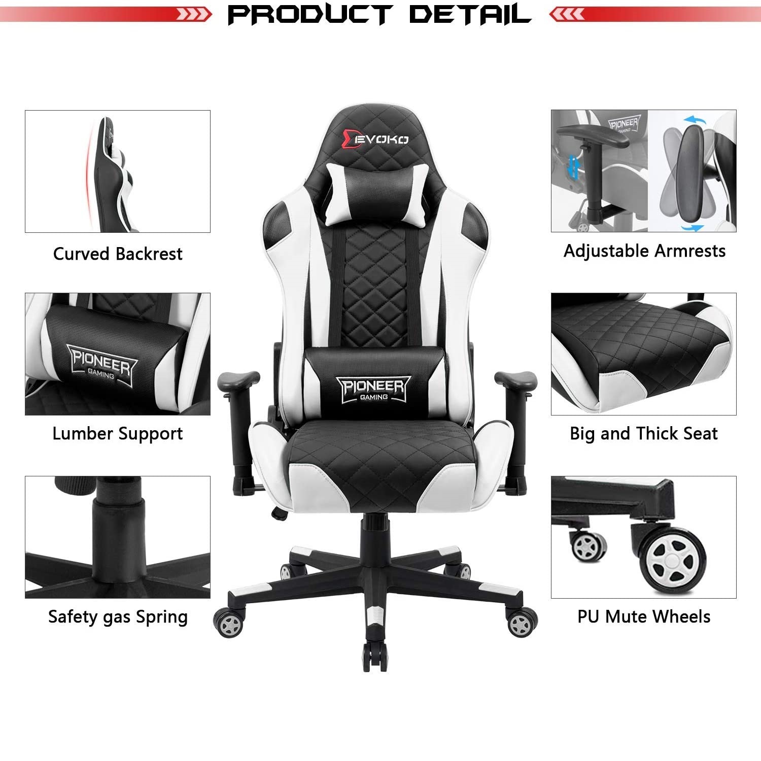 Gaming Chair, Racing Style Computer Desk Chair Padded Armrests Ergonomic Lumbar Support Adjustable Height