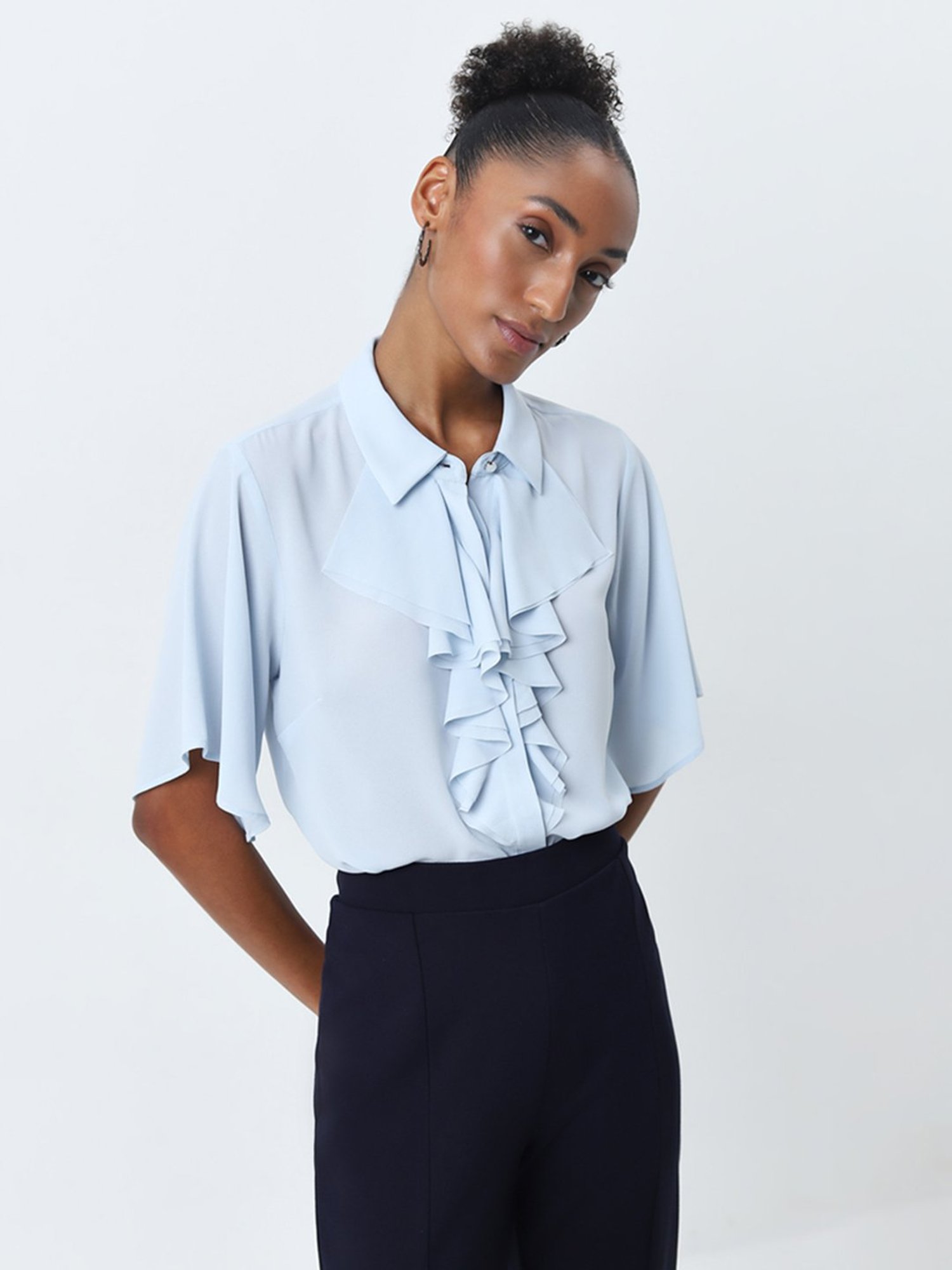 Wardrobe by Westside Light Blue Ruffle-Detailed Top
