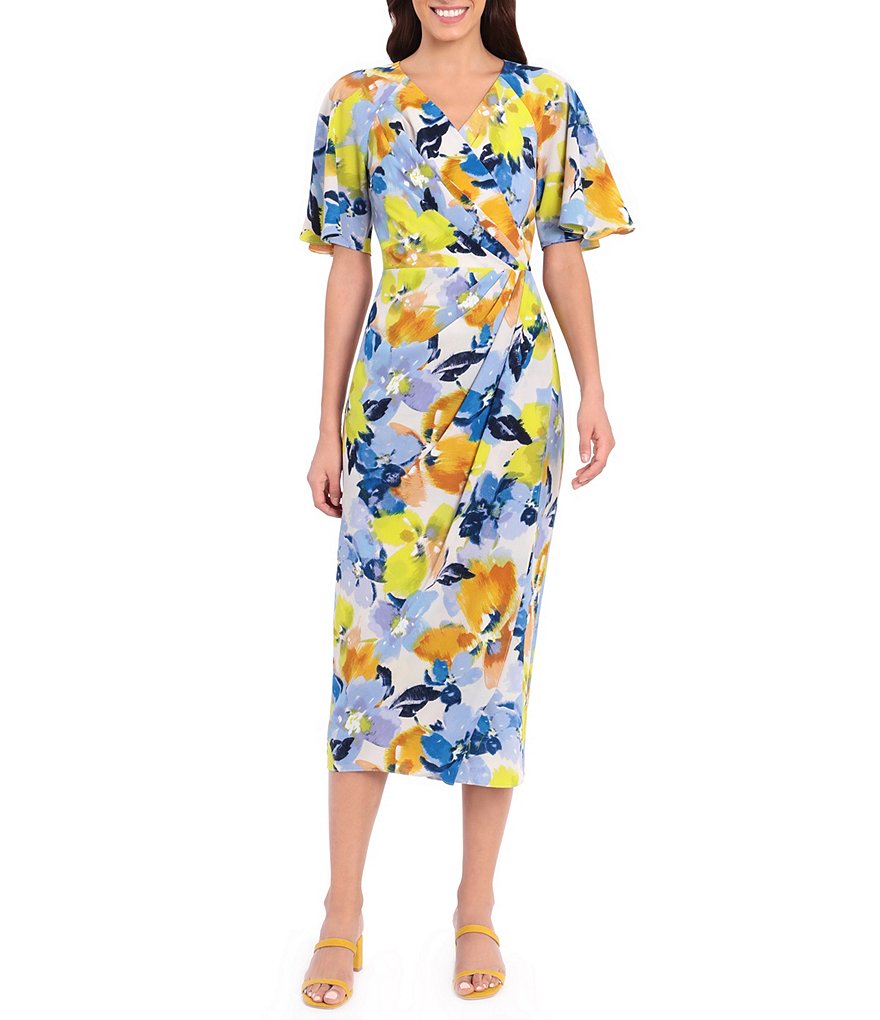 Maggy London Floral Bubble Crepe Faux Wrap Midi Dress