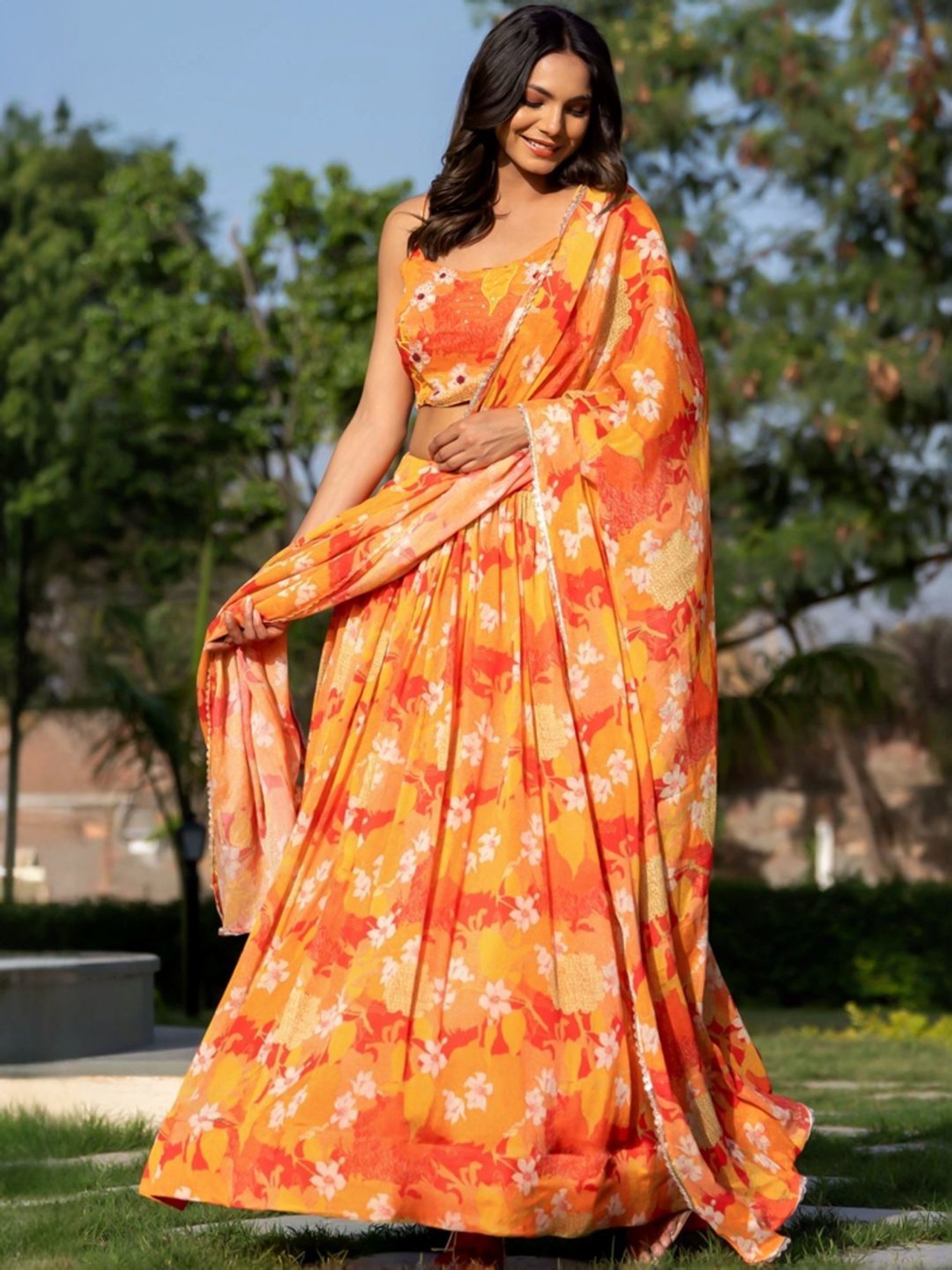 HOUSE OF JAMOTI Orange & Yellow Printed Lehenga Choli Set With Dupatta