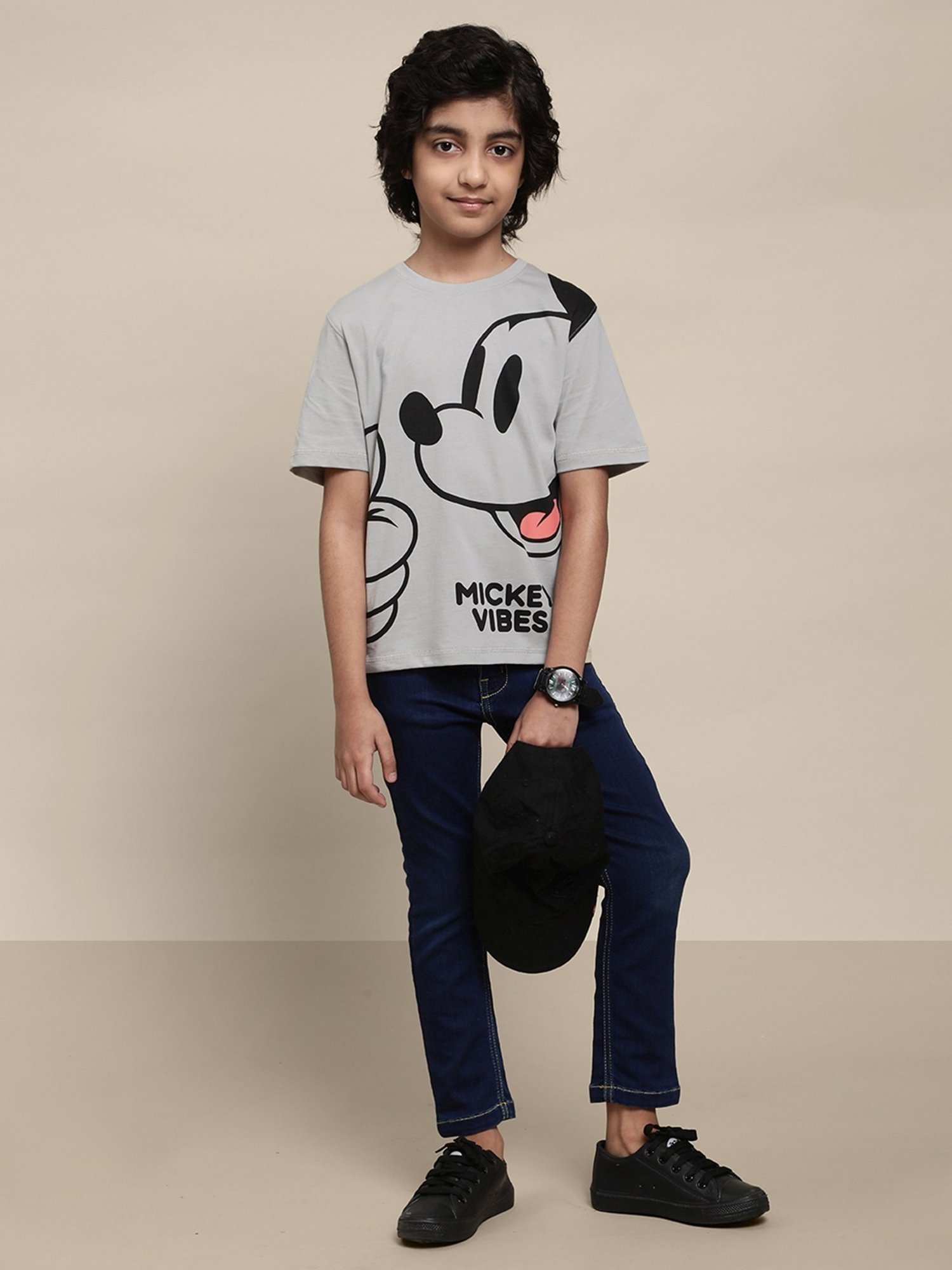 Boysville Grey & Black Cotton Printed Mickey T-Shirt