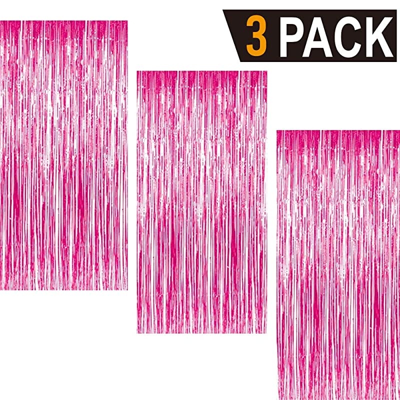 32 ft x 98 ft Metallic Tinsel Foil Fringe Curtains for Party Photo Backdrop Wedding Decor 3 Pcs Hot Pink