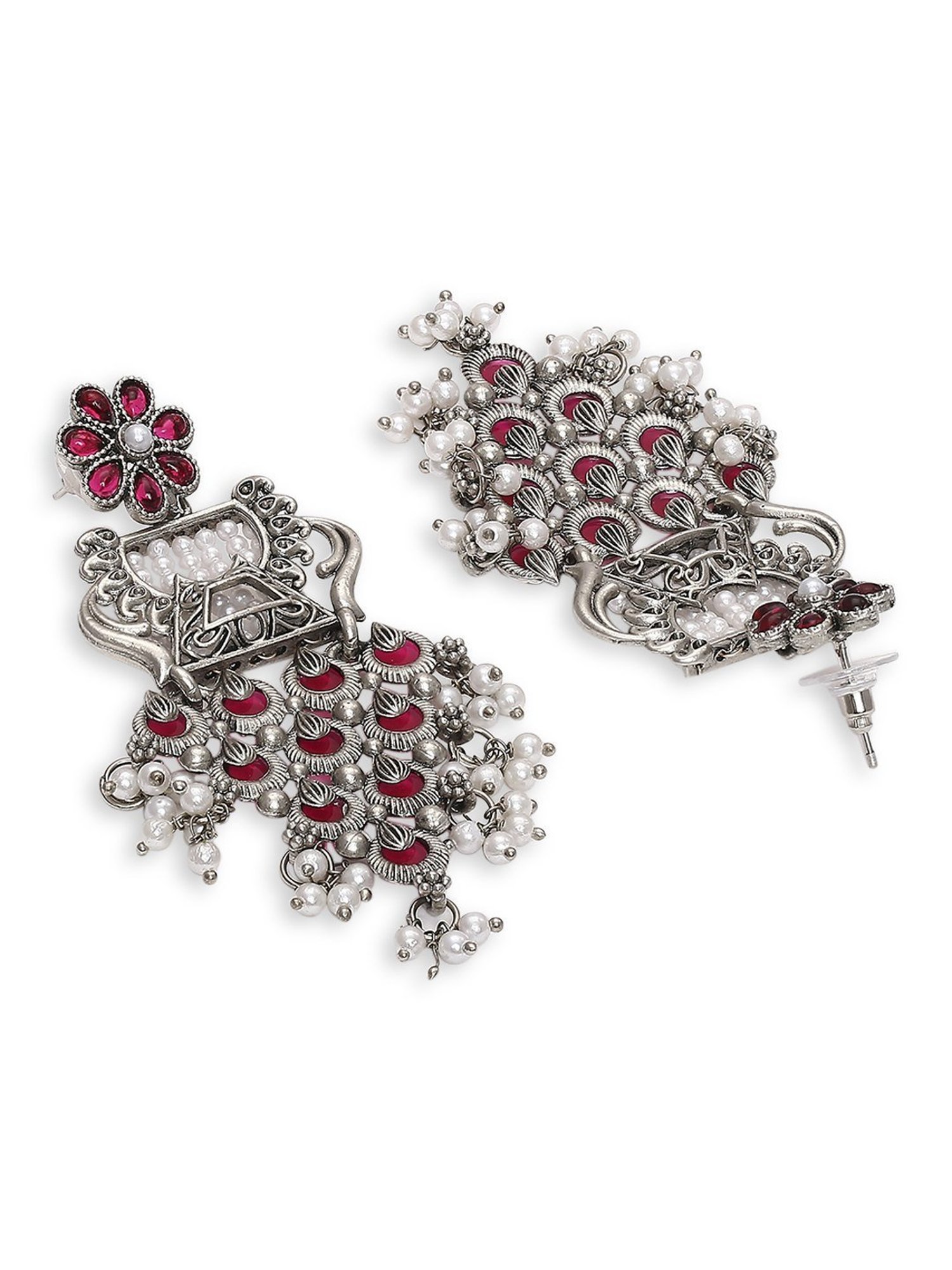OOMPH Oxidised Silver Maroon Stones Waterfall Design Ethnic Dangler Earrings