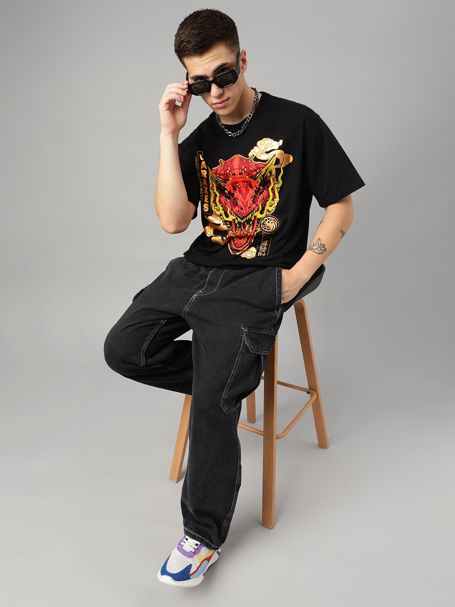 Free Authority Black Loose Fit House Of Dragon Print T-Shirt