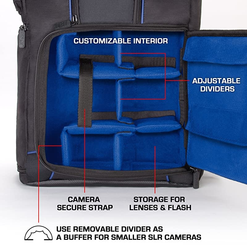 DSLR Camera Backpack Case (Blue) - 15.6 inch Laptop Compartment, Padded Custom Dividers, Tripod Holder, Rain Cover, Long-Lasting Durability and Storage Pockets - Compatible with Many DSLRs
