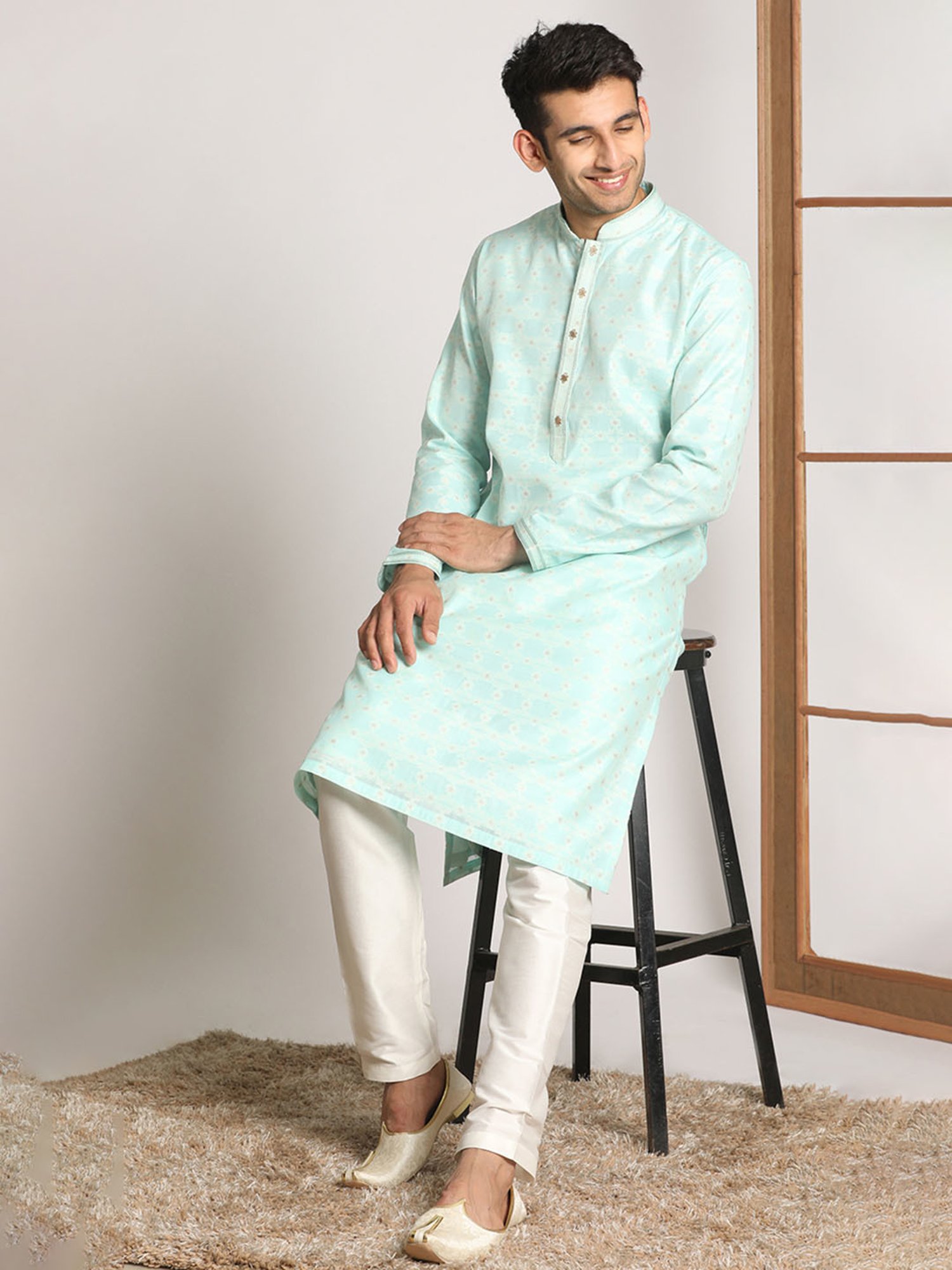 Manyavar Light Turquoise & Light Beige Kurta & Pyjamas Set