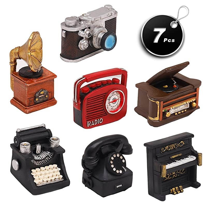 of 7 Creative Retro European Resin Figurin for Home Cafe Bar Window Decoration Children Toys and Gift (Incluing Telephones Typewriter Camera Piano Phonograph Radio and Sound Player)