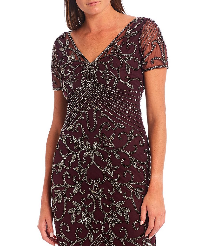 Jkara Petite Size 3/4 Sleeve Lined Illusion Crew Neck Beaded Gown