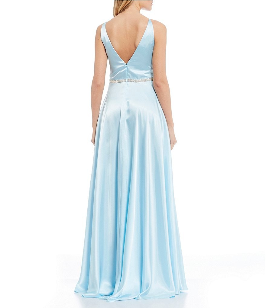 Blondie Nites Sleeveless V-Neck Beaded Waist Side Slit Satin Ball Gown