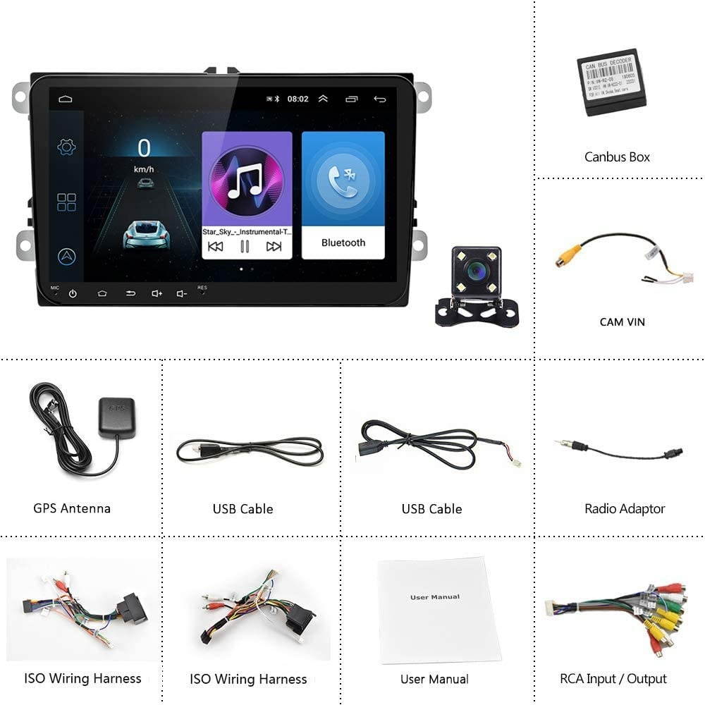 Android Car Stereo Double Din Car Radio 2G+16G for Volkswagen Passat Golf Jetta Polo Tiguan Touran SEAT Skoda, 9" Touch Screen Head Unit in Dash Support GPS Navi WiFi FM USB + Backup Camera