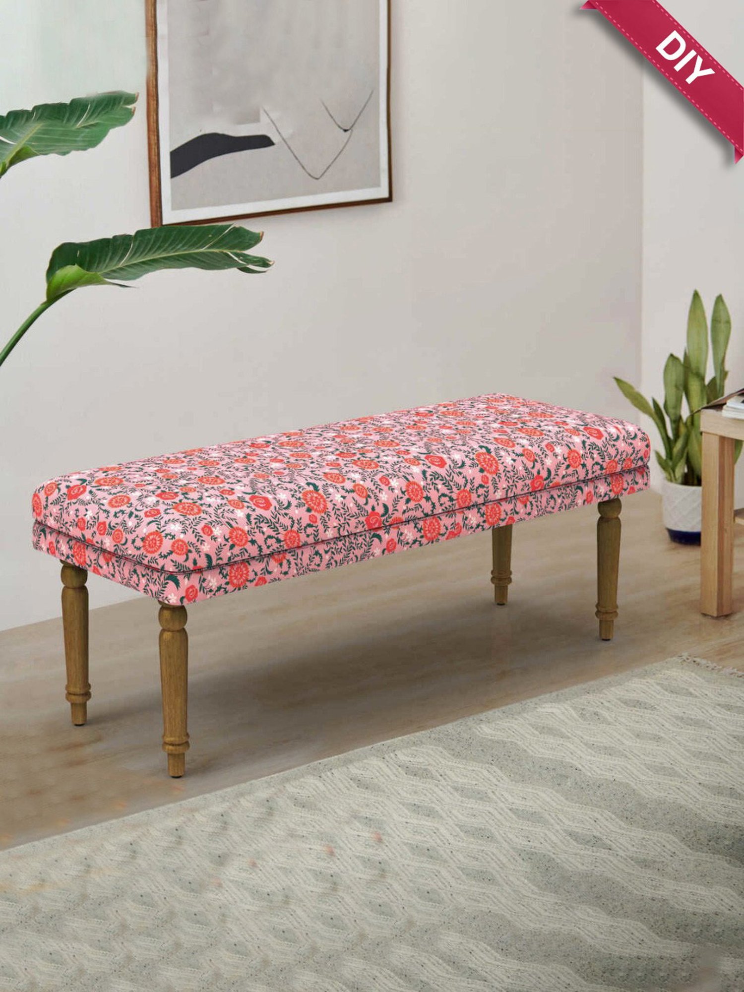 Chumbak Nawaab Earthy Floral Pink Sheesham Wood Bench
