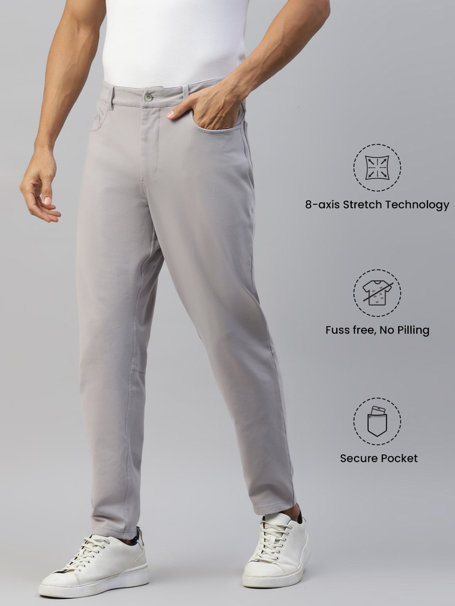 Slowave Light Grey Regular Fit Flat Front Trousers