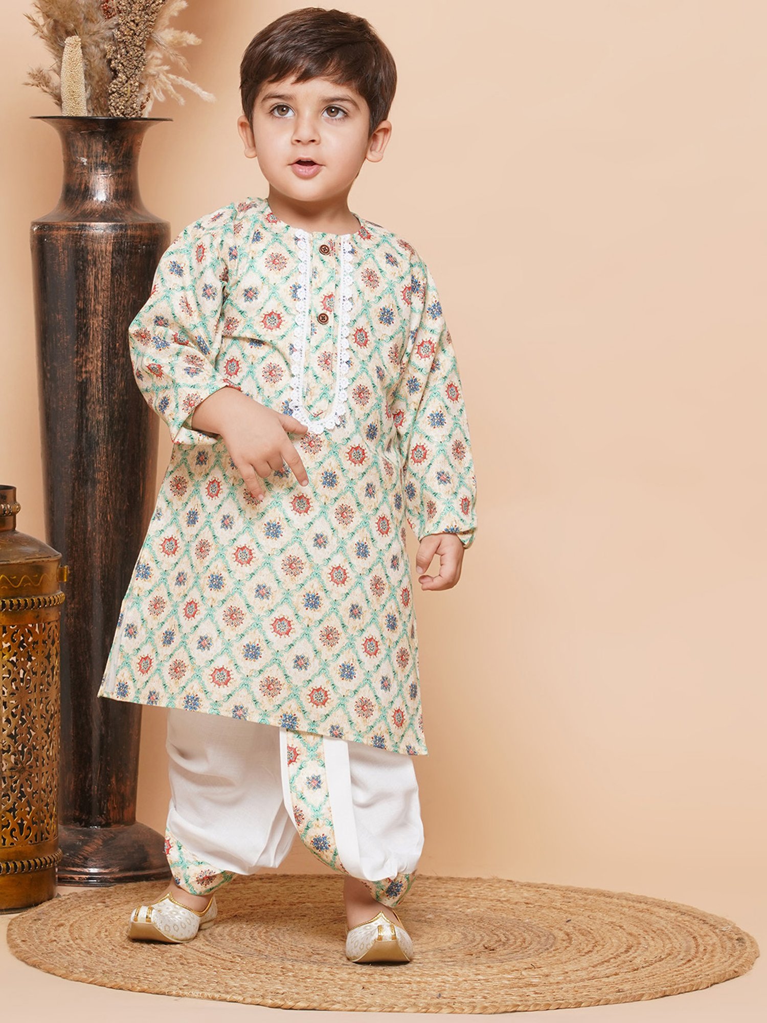 AJ Dezines Kids Light Yellow & White Floral Print Full Sleeves Kurta with Dhoti