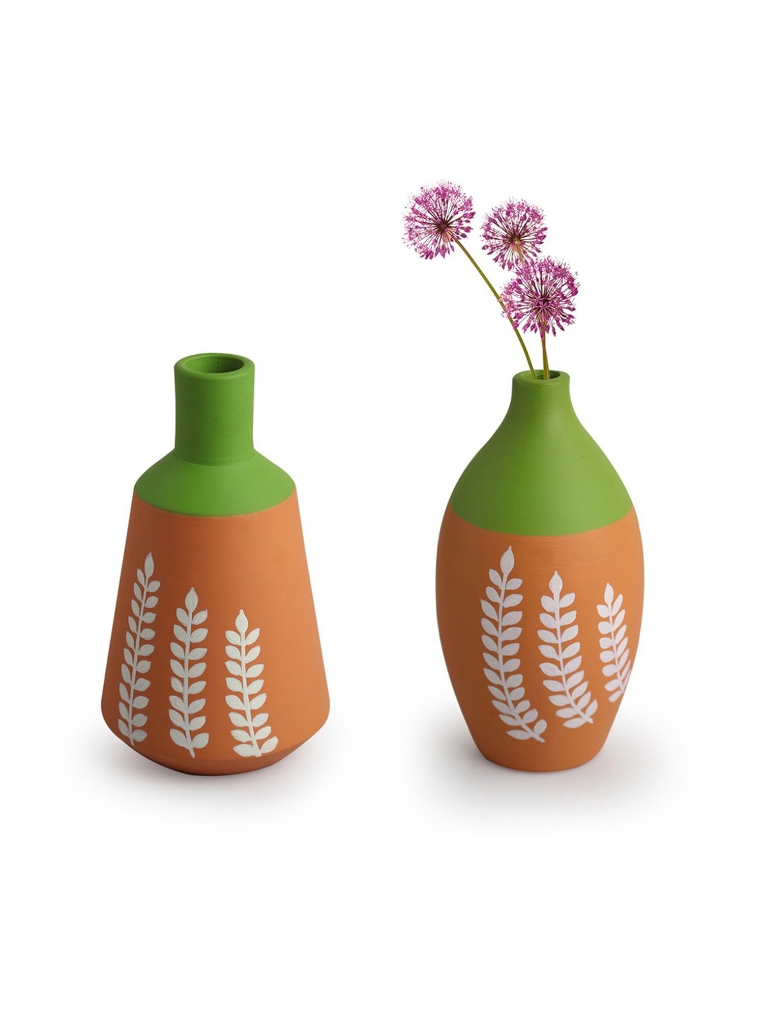 ExclusiveLane Floral Harmony Printed Green & Brown Terracotta Decorative Vases - Set of 2