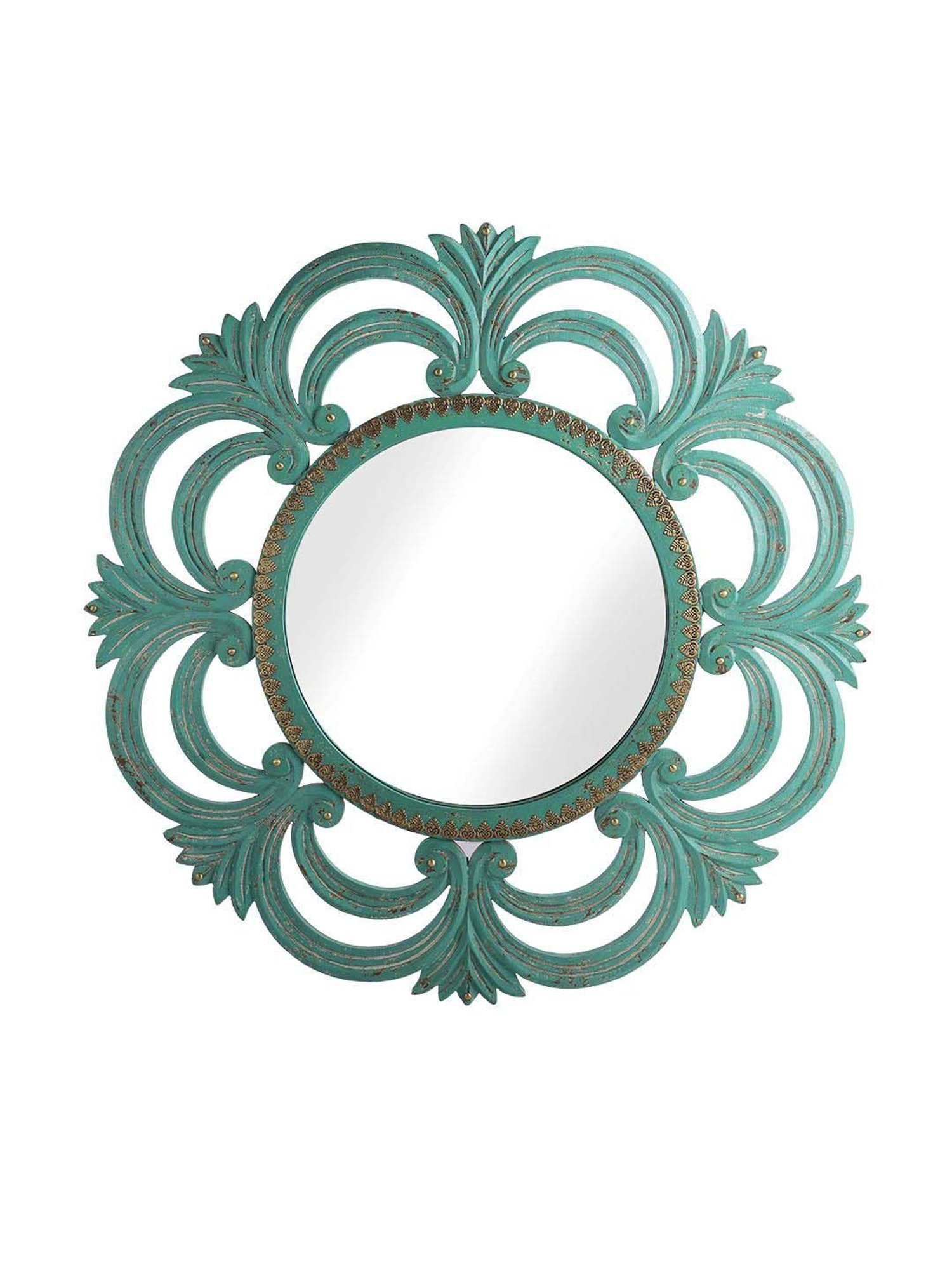 Aapno Rajasthan Green Wooden Round-Shaped Wall Mirror