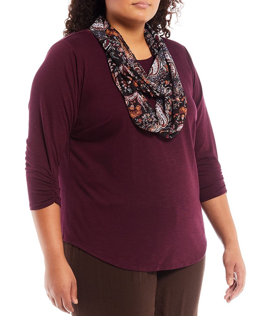 I.N. Studio Plus Size Hacci Knit 3/4 Ruched Sleeve Jewel Neck Paisley Print Scarf Top