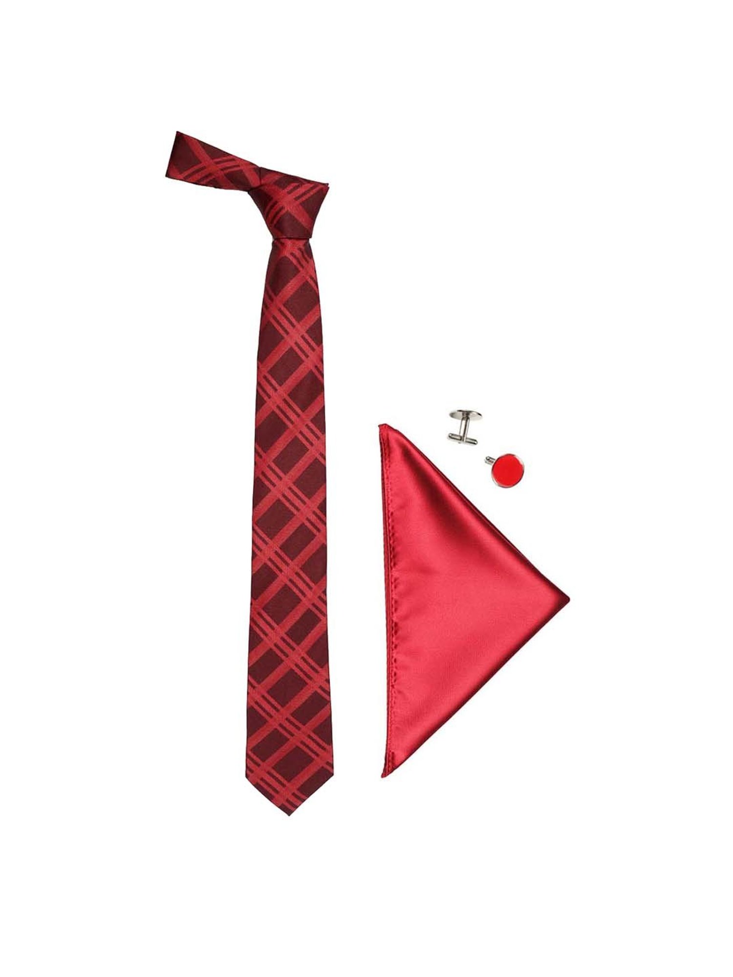 Tossido Maroon Woven Necktie With Pocket Square and Cufflinks