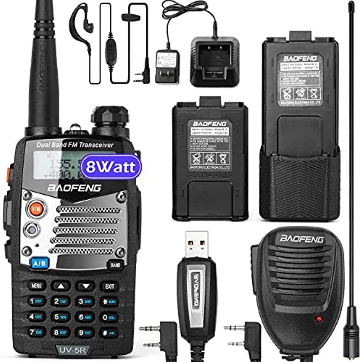 BaoFeng UV-5R 8W Ham Radio Walkie Talkie Dual Band 2-Way Radio with an Extra 3800mAh Battery Handheld Walkie Talkies with Baofeng Hand Mic and Programming Cable