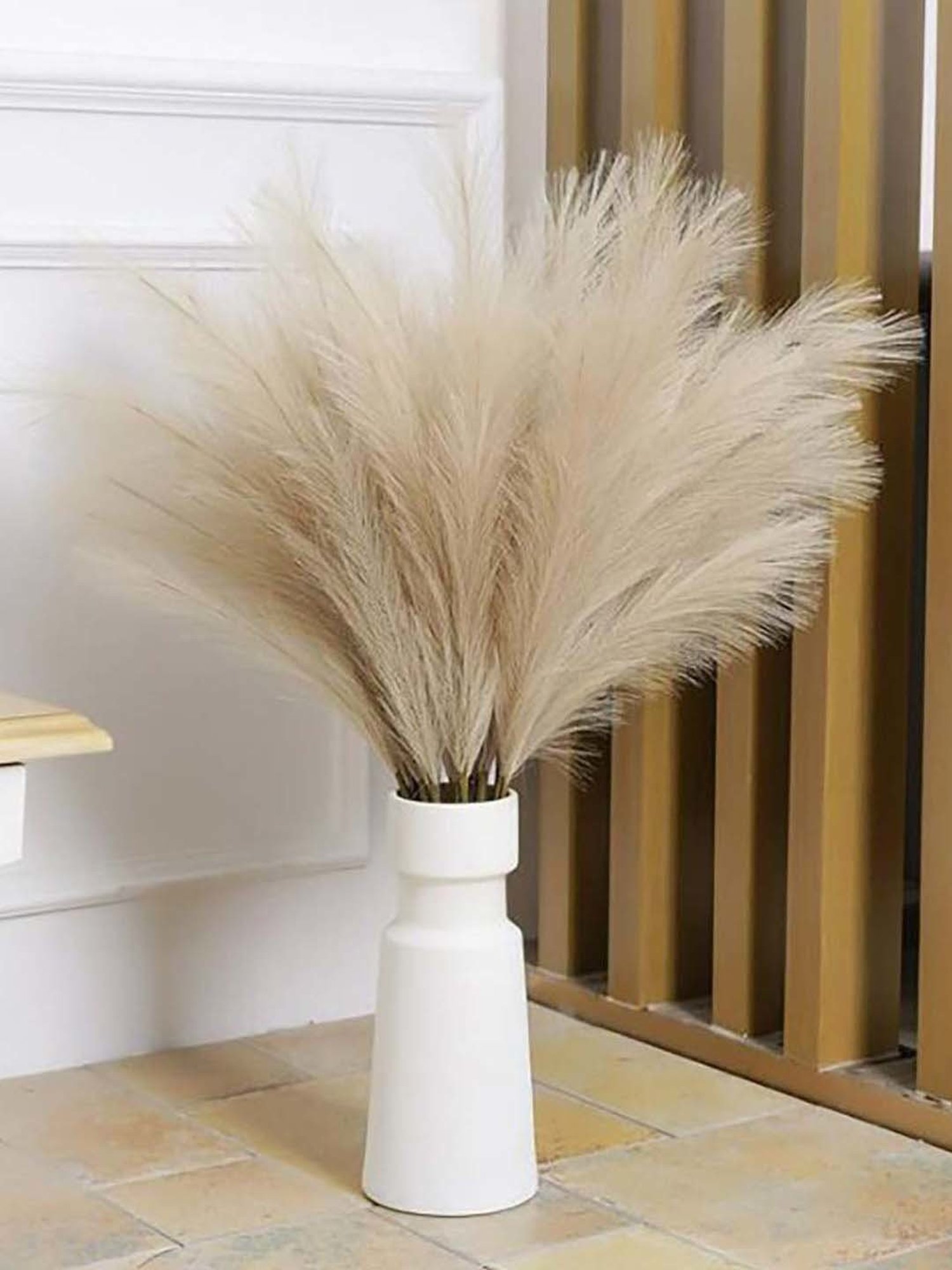 Homesake Natural Plastic Artificial Fluffy Pampas Grass Sticks For Vases - Set of 3