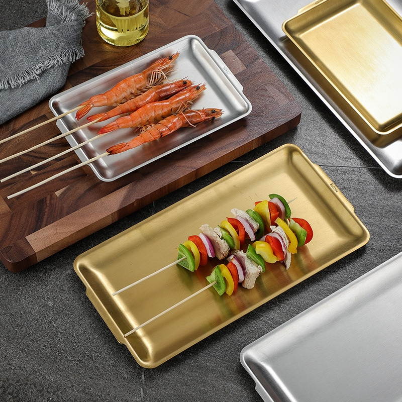 1Pc Stainless Steel Oblong Barbecue Pan Practical Dish Plate Sushi Storage Plate