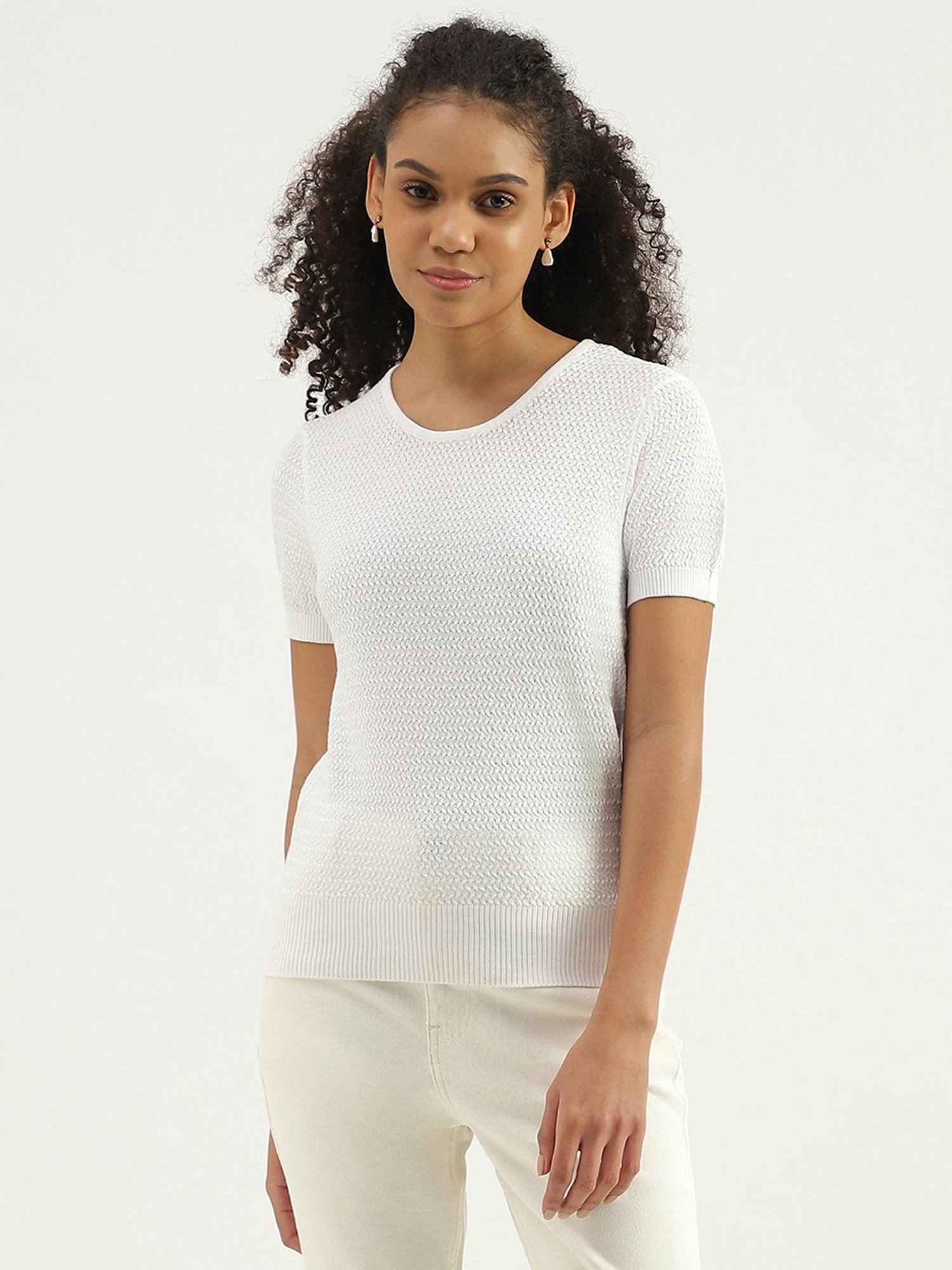 United Colors of Benetton White Cotton Textured Pattern Top
