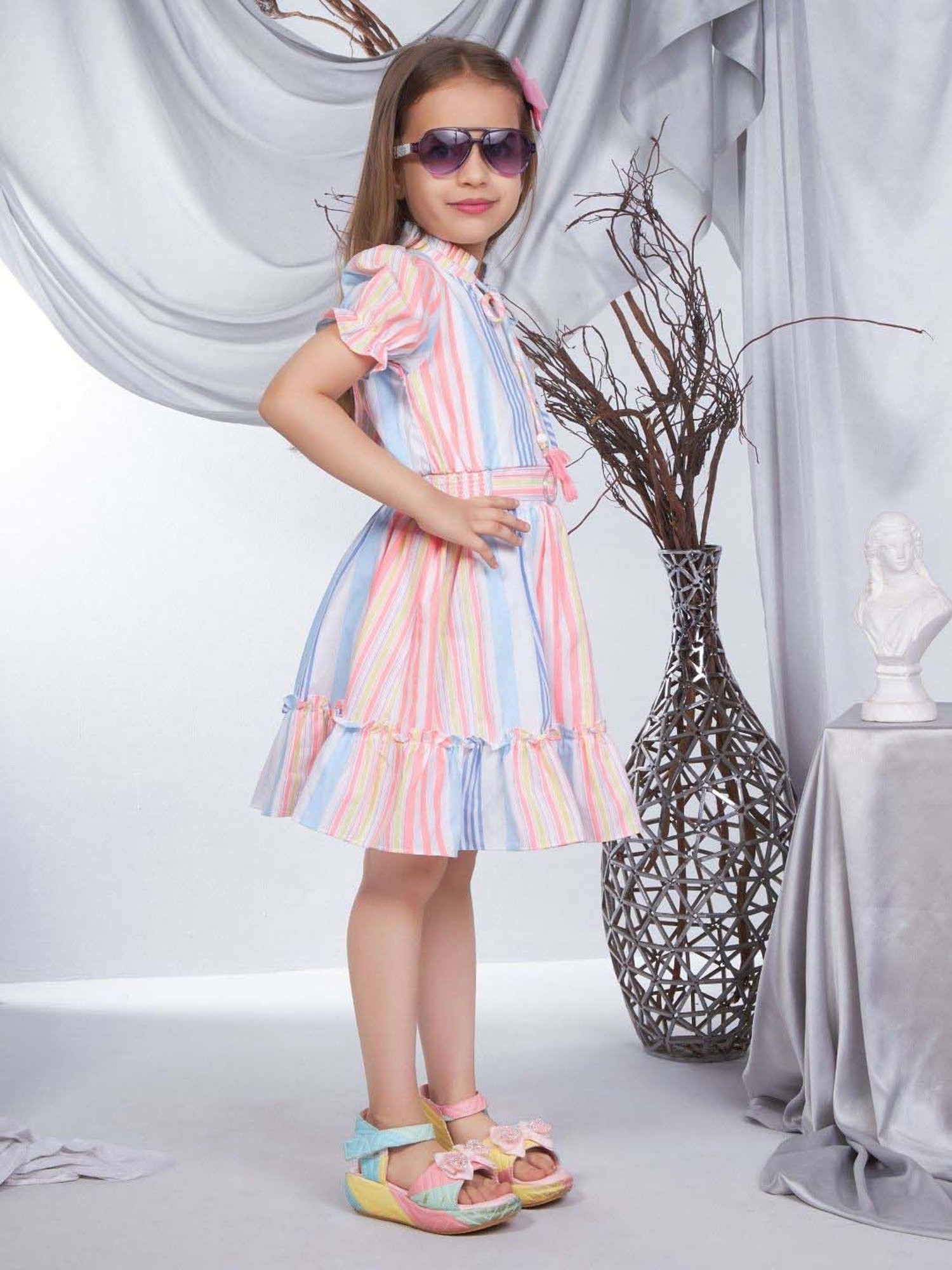 Peppermint Girls Multicolor Cotton Striped Dress