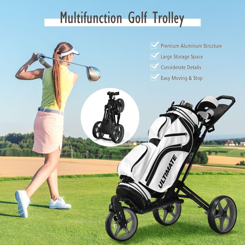Costway Folding Golf Push Cart Swivel W/Adjustable Handle Grey