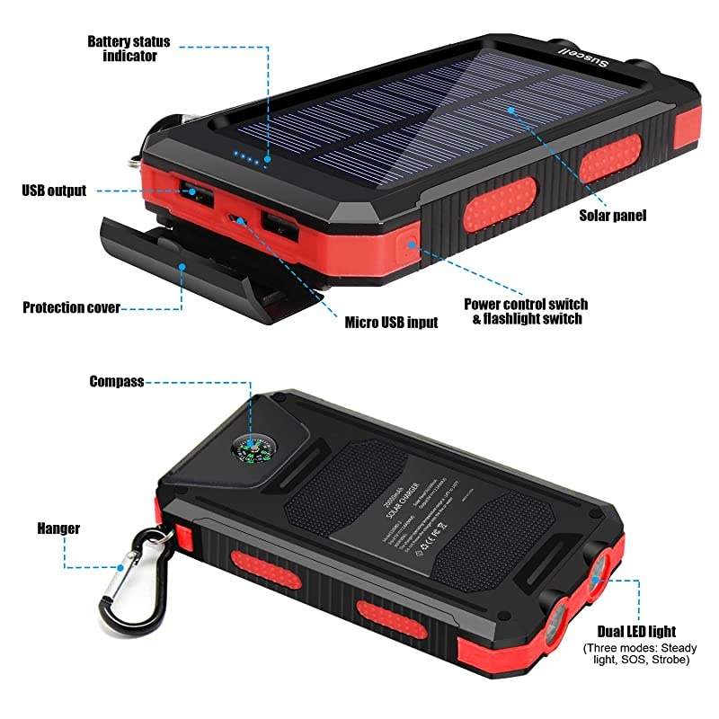 Solar Charger  20000mAh Portable Solar Power Bank for Cell Phone Dual 5V21A USB Ports Output and 2 Led Flashlight Perfect for Outdoor TripEmergency