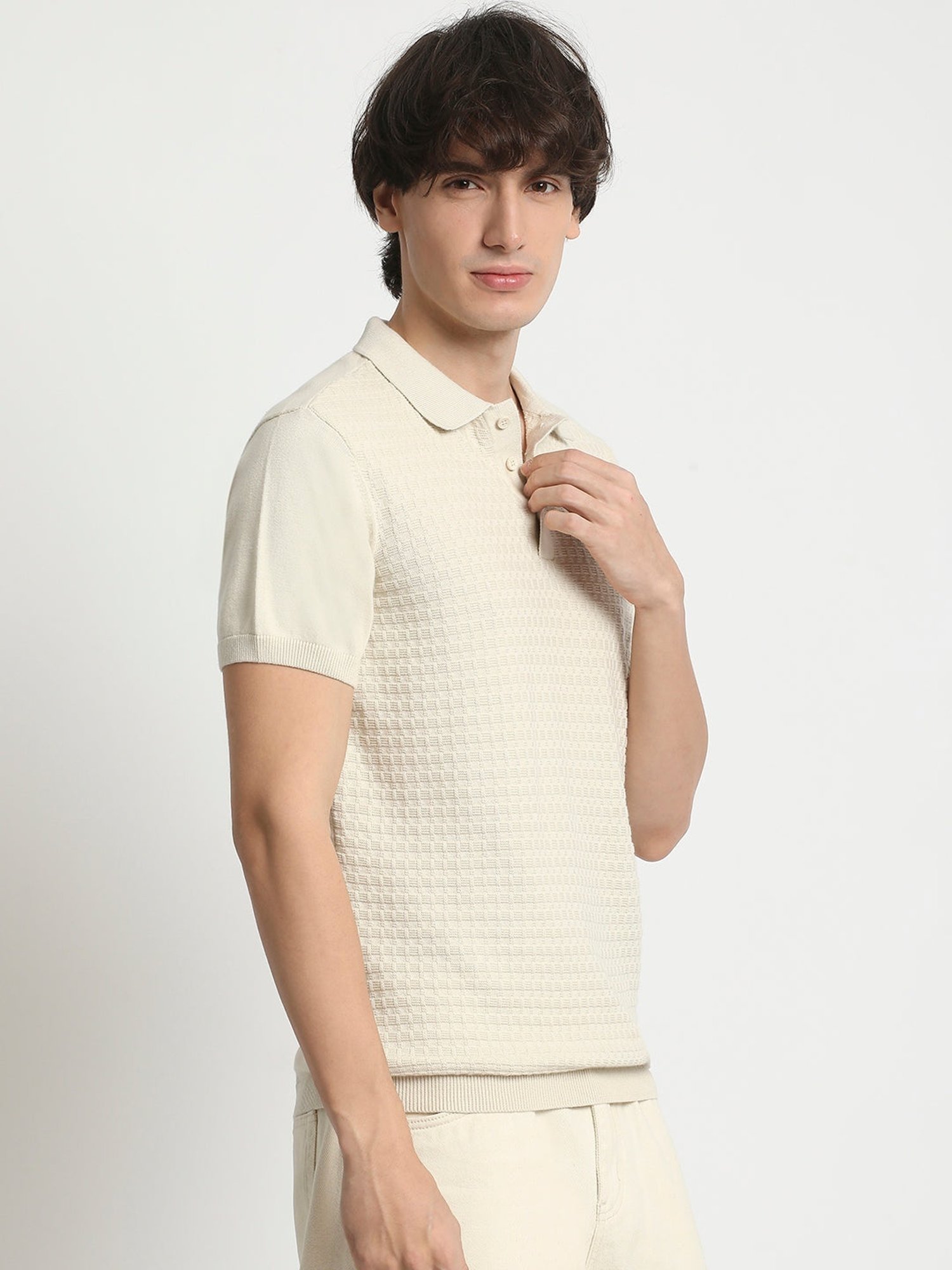 The Bear House Cream Cotton Regular Fit Self Pattern Polo T-Shirt