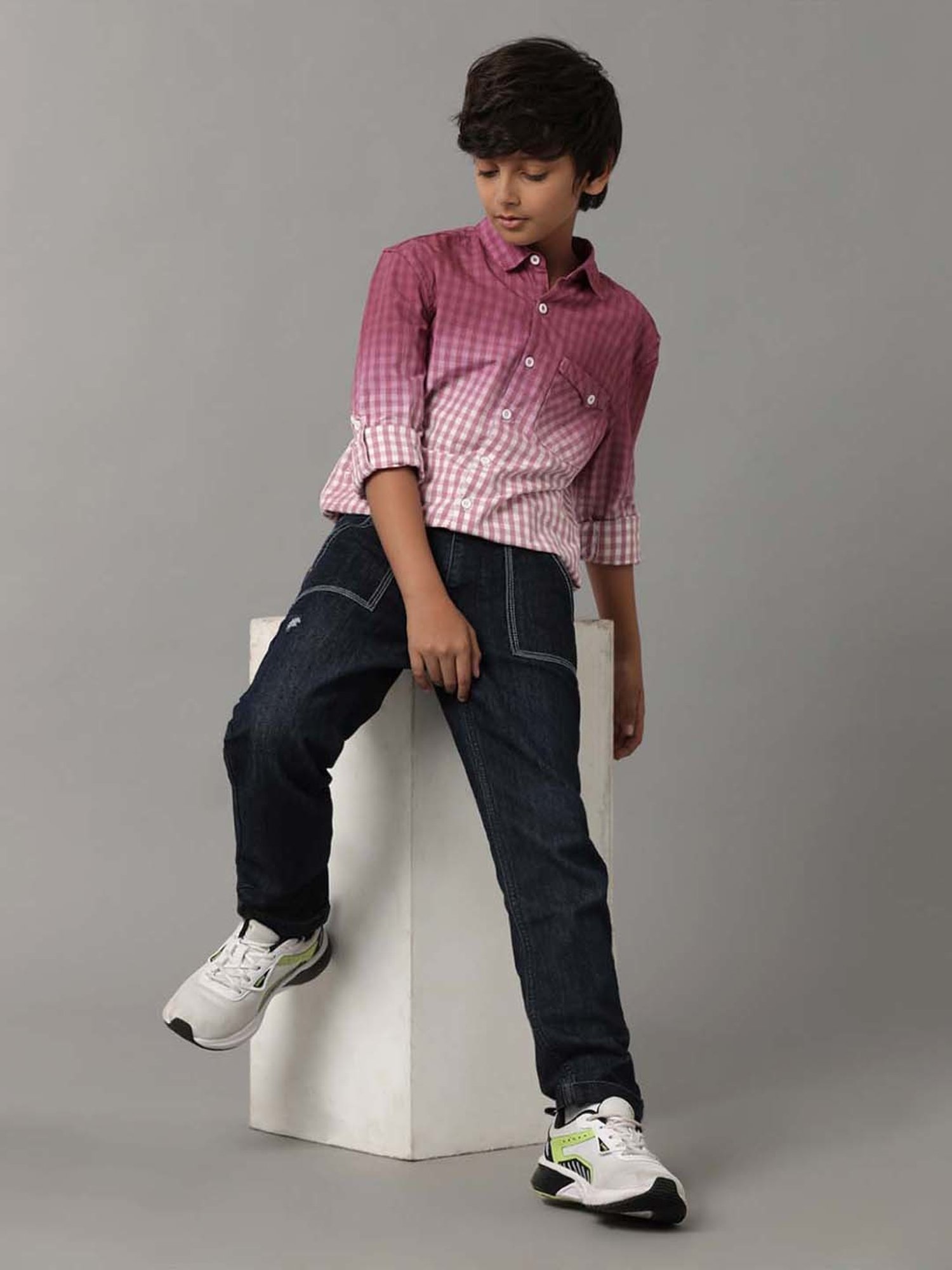 Under Fourteen Only Kids Pink Cotton Chequered Full Sleeves Shirt