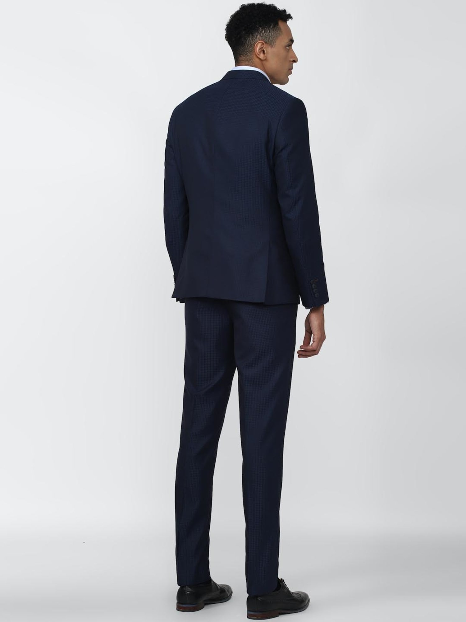 V Dot Navy Blue Skinny Fit Checks Three Piece Suits