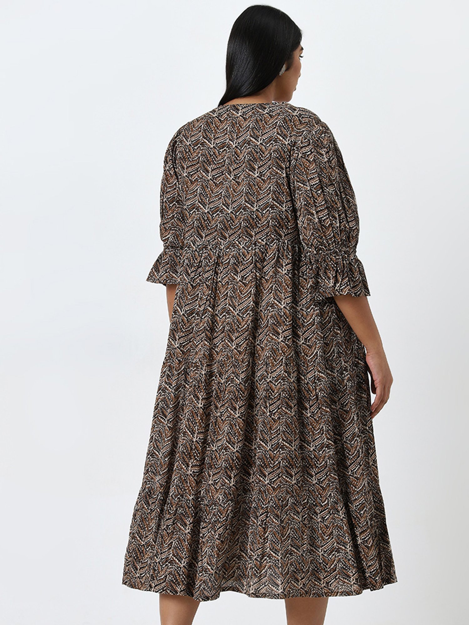 Diza by Westside Brown Leaf Printed Fit-and-Flare Tiered Dress