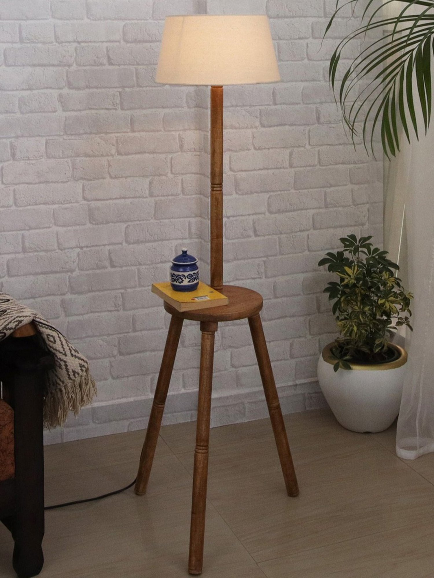Homesake 'Tripod' Khadi & Brown Wood Tall Floor Lamp With Shade & Bulb - Set of 1