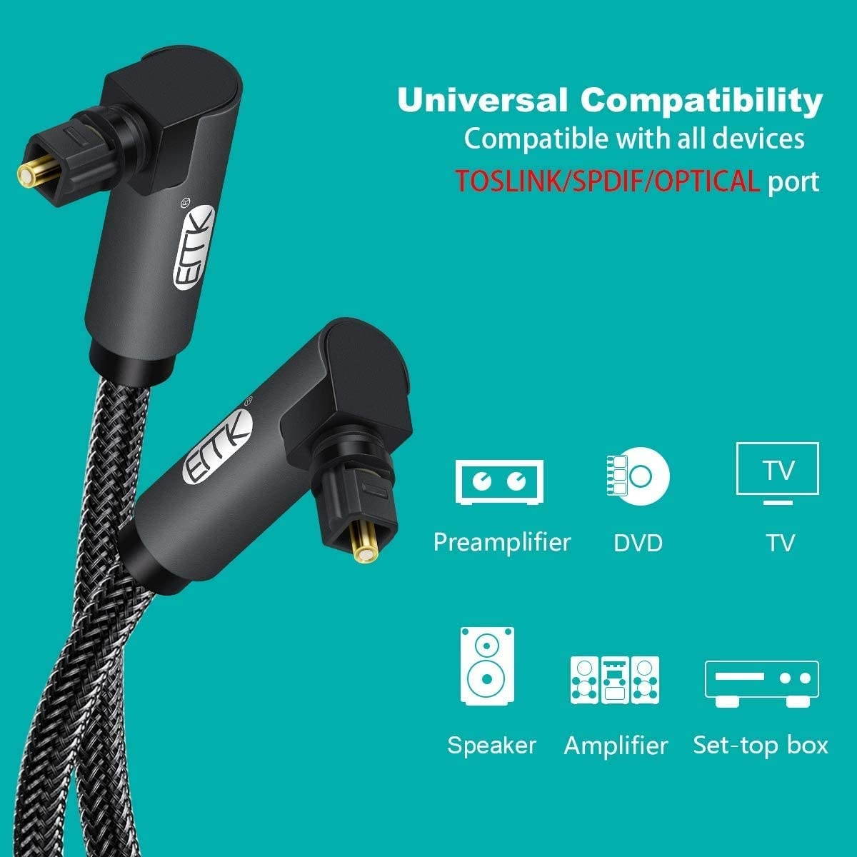 90 Degree Optical Audio CableEMK Toslink Cable Nylon Braided Digital Audio Optical Cable for Sound Bar TV PS4 Xbox Gray (5ft)